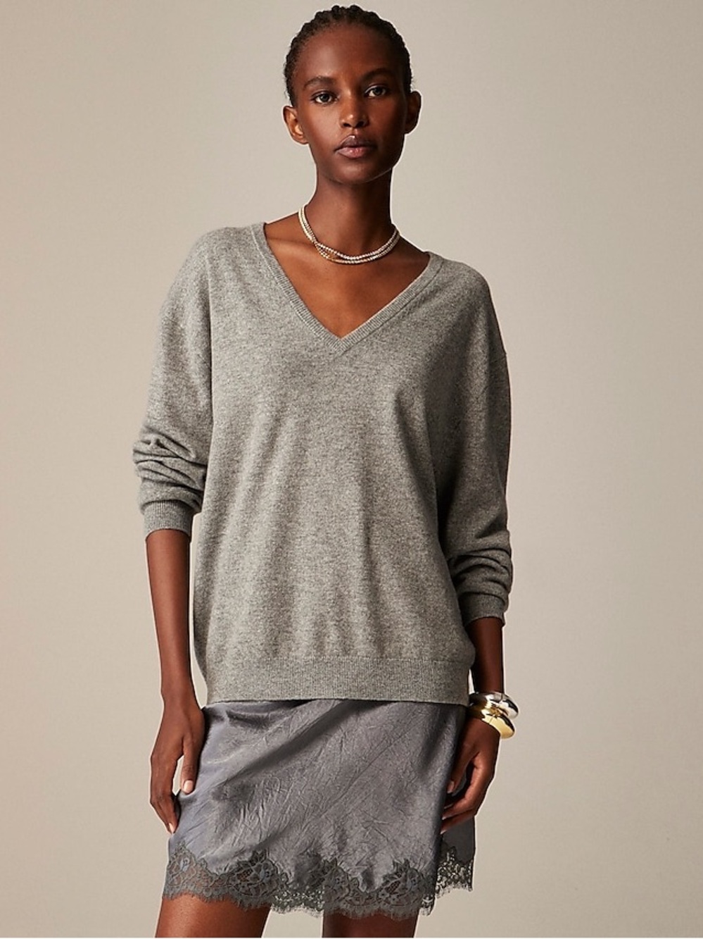 J. Crew Cashmere Relaxed V-neck Sweater in Heather Grey Size Small NWT